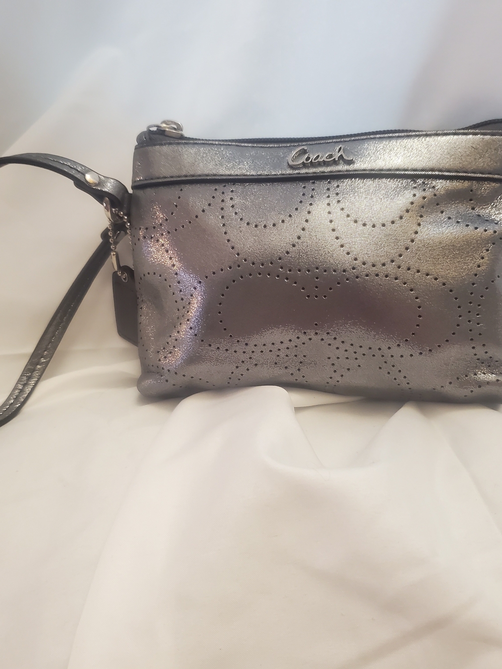 Coach Metallic Gray Perforated Leather Wristlet